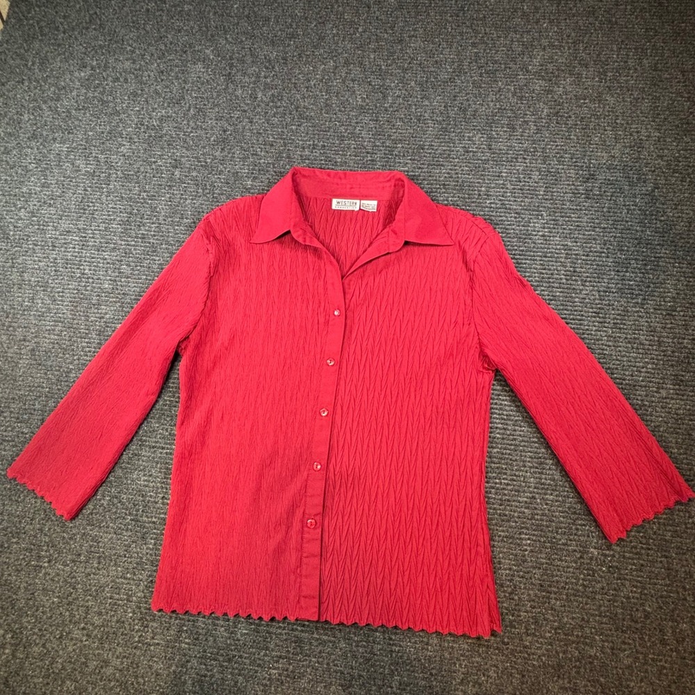 Western Connection‎ Red Crinkle Textured Button Up Shirt Lettuce Edge Large